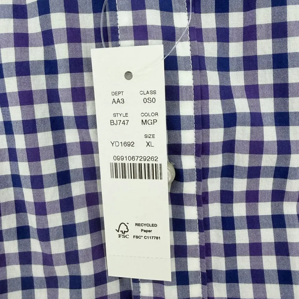J. Crew Men's Purple & White Check Cotton Casual‎ Shirt Large NWT Men's
